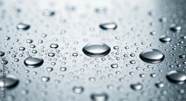 Fototapeta Shiny water droplets clumped on a grey surface