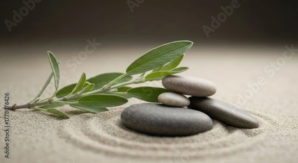 Fototapeta Small stack of stones & a branch on raked sand, muted tones, spa-like, serene