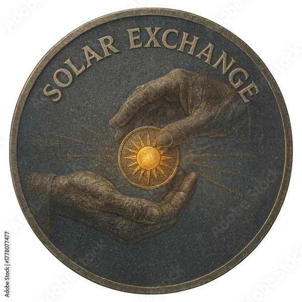Fototapeta A round coin reads Solar Exchange as two hands pass a sun medallion with rays. Antique gold and slate tones, textured relief, conceptual renewable energy theme.