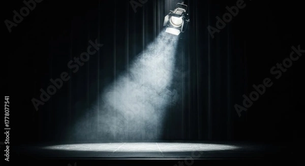Fototapeta Stage spotlight beams on empty round platform against dark curtain backdrop