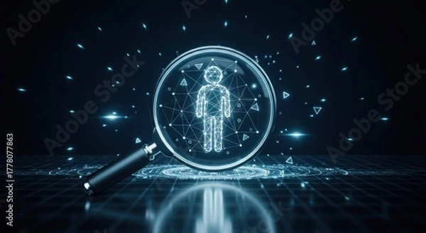 Fototapeta Stylized human figure found under digital magnifying glass in network of dots