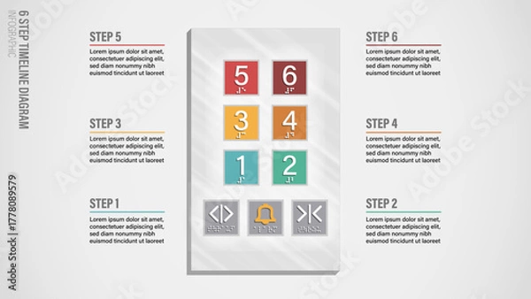 Obraz Professional 6-step timeline infographic using an elevator control panel design. Ideal for business presentations, timelines, process flows, or technology concepts. 