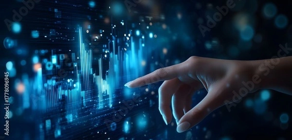 Fototapeta Glowing blue bar chart touched by a digital hand, futuristic scene.