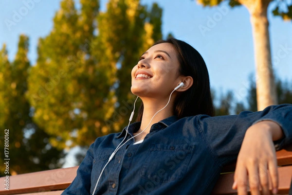Fototapeta Young woman enjoying music outdoors in a peaceful park