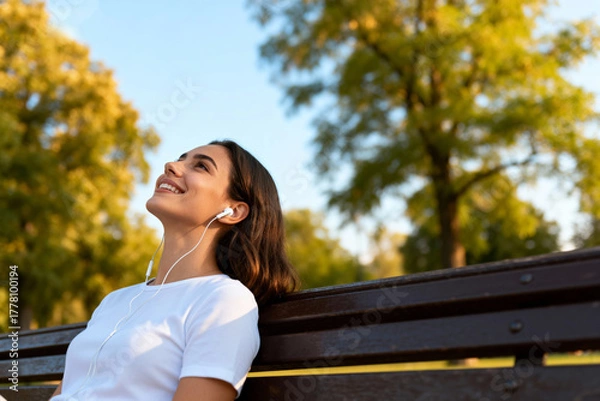 Fototapeta A woman enjoying music while sitting on a park bench in a sunny day