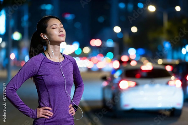 Fototapeta Young woman jogging in urban night with earphones on