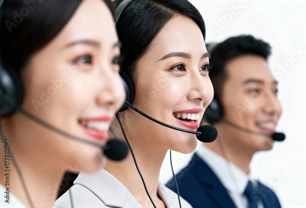 Fototapeta Smiling customer service representatives wearing headsets in a row