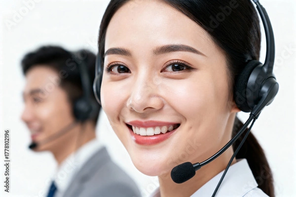 Fototapeta Professional customer service representatives wearing headsets and smiling