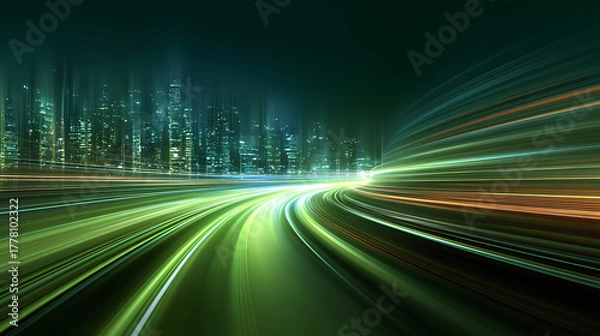 Obraz vector green light line with futuristic motion effect and abstract automobile blur, glowing trail and beam streak in city design, dynamic disco background for speed illustration and night. 