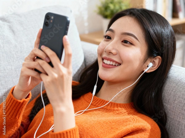 Fototapeta Young woman relaxing at home with earphones and smartphone