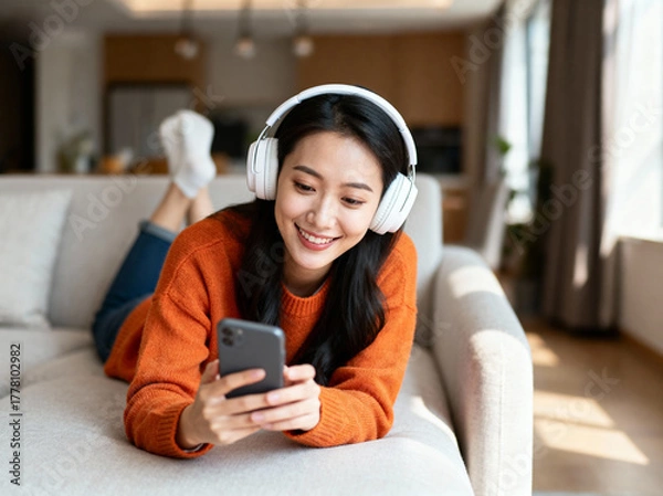 Fototapeta Young woman wearing headphones lying on sofa using smartphone