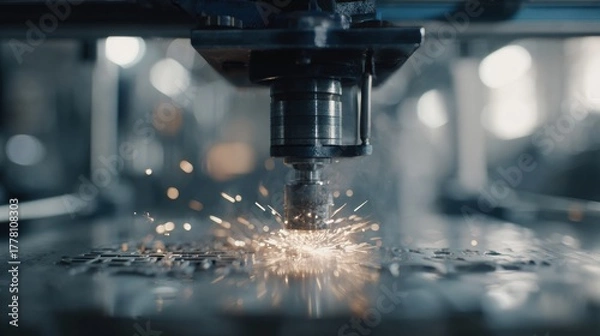 Fototapeta High Precision Laser Cutting Process Creating Sparks in a Workshop Environment With Machinery in Action