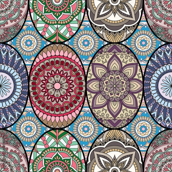 Fototapeta Seamless pattern tile with mandalas. Vintage decorative elements. Hand drawn background. Islam, Arabic, Indian, ottoman motifs. Perfect for printing on fabric or paper.
