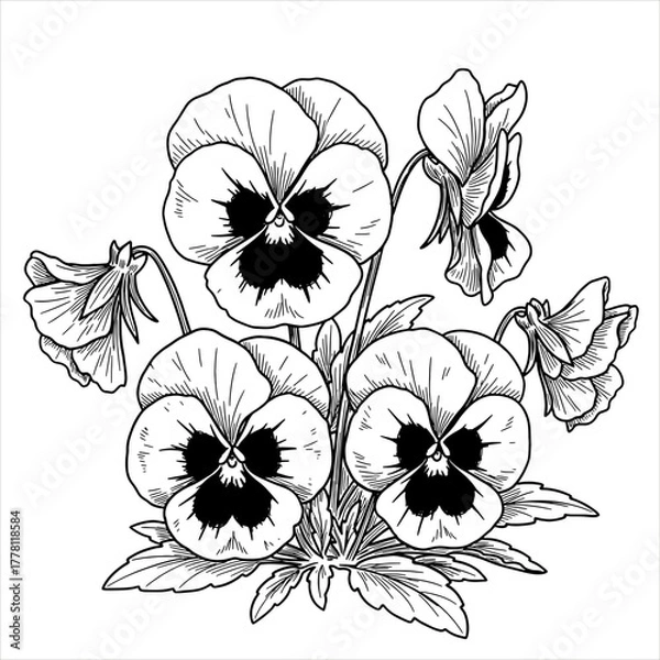 Fototapeta Pansy flower in black and white sketch style. Botanical blooming plant garden. Detailed line art. Vector illustration for coloring book, print, decoration