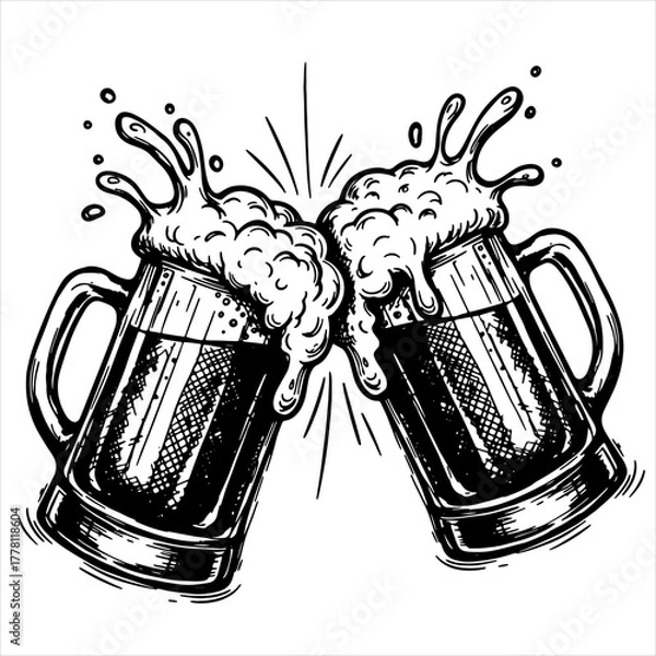 Fototapeta Cheers two beer mug toast splashing. Engraving style for brewery or bar menu, celebration, event, fest, graphic, poster. Vector illustration