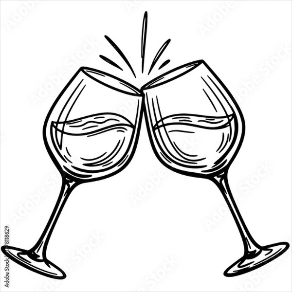 Fototapeta Two clinking wine glasses with splashes of drink. Toasting celebration concept. Hand drawn sketch style. Vector illustration for greeting card, party, icon