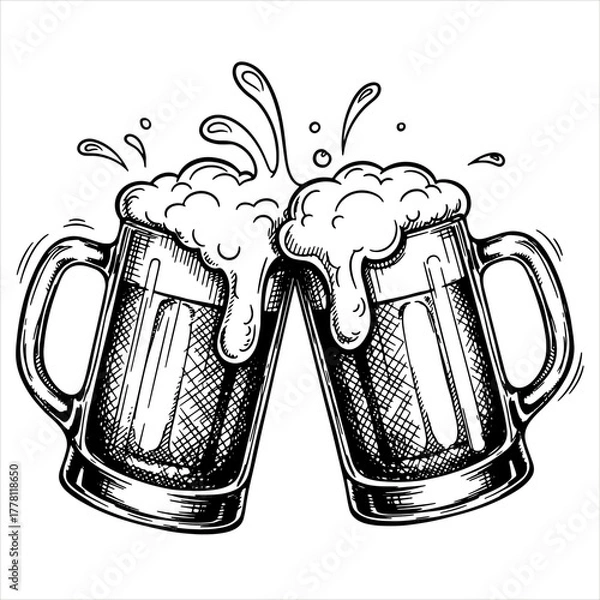 Fototapeta Two beer mugs clinking with splashing foam and bubbles. Toast concept. Hand drawn style. Vector illustration for pub menu, brewery design