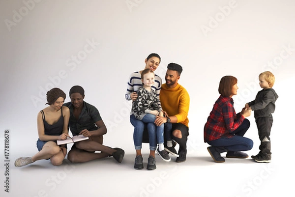 Fototapeta Diverse couples and children are on a white background acting naturally.