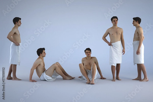 Fototapeta Rendering of five young men in white towels.