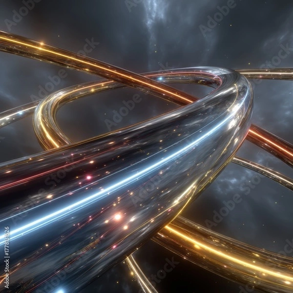 Fototapeta Abstract Digital Network With Intersecting Glowing Trails And Starbursts On Dark Sky