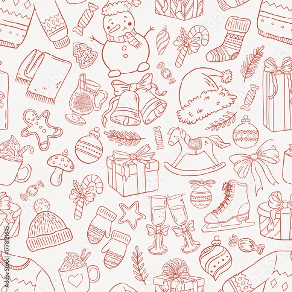 Obraz Doodle Christmas holiday seamless pattern with gifts, sweets and winter decorations elements. Vector illustration