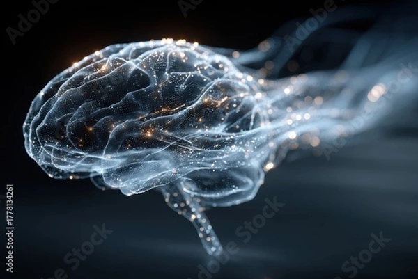 Fototapeta Digital Brain With Glowing Neural Network Connections and Energy Trails On Dark Background