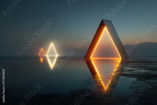 Fototapeta Futuristic Triangular Structures Illuminated by Neon Lights Reflecting on a Wet Surface at Dusk