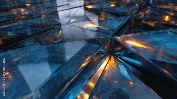 Fototapeta Abstract Geometric Pattern With Blue Glass And Orange Light Reflections