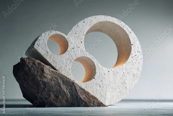 Fototapeta Abstract Sculpture With Circular Openings And Rough Stone Base On A Neutral Surface