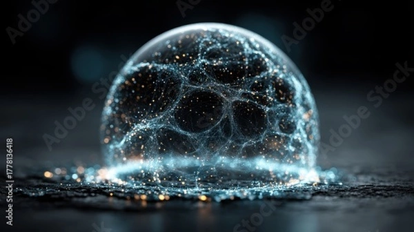 Fototapeta Glowing Energy Sphere With Particles And Network Structure On Dark Background With Bokeh Lights