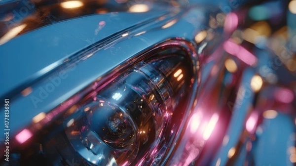 Fototapeta Close Up Of Blue Metallic Car Headlight With Pink And Orange Bokeh Lights In The Background