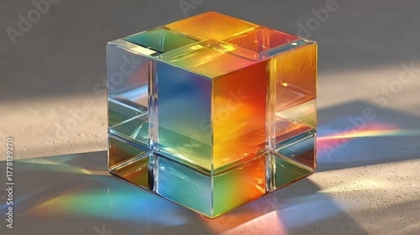 Fototapeta Prismatic Glass Cube With Rainbow Light Refractions On Textured Surface