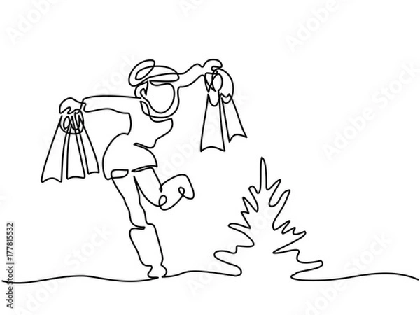 Fototapeta Continuous line drawing. Happy woman carrying shopping bags looking at small christmas tree. Vector illustration