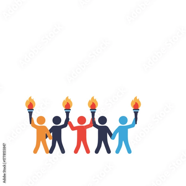Fototapeta Diverse figures celebrate with torches. Suitable for unity, diversity, celebration, activism, empowerment, festivals, and events design concepts.