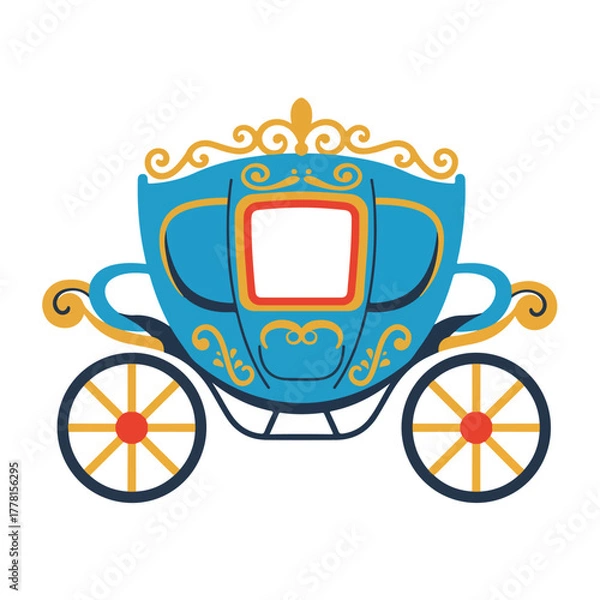 Fototapeta Classic blue and gold fairy tale carriage design, suitable for wedding invitations, fantasy book covers, and royal event decor themes.