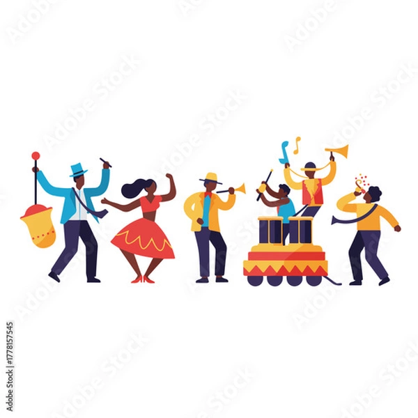 Fototapeta Group of people celebrating, dancing, and playing instruments. Perfect for event promotions, cultural festivals, music performances, and joyful occasions.