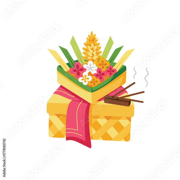 Fototapeta Balinese offering canang sari with flowers, leaves, incense suitable for travel, cultural, spiritual, or relaxationthemed designs and projects.