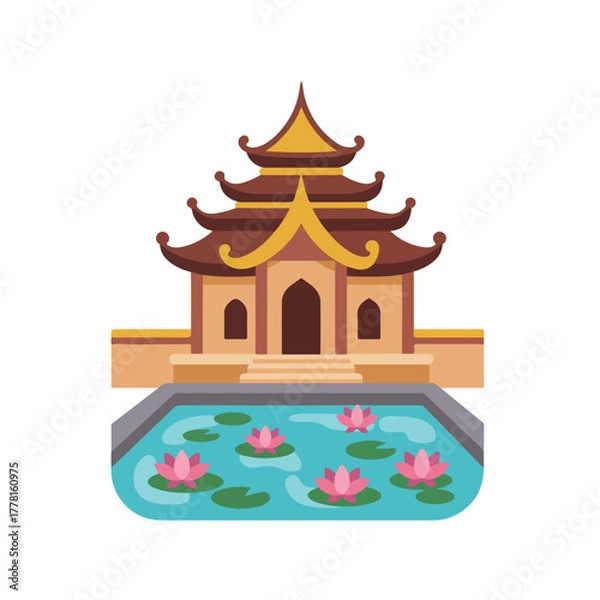 Fototapeta Pagoda building with lily pads suitable for travel websites, asian culture blogs, and meditationthemed designs.