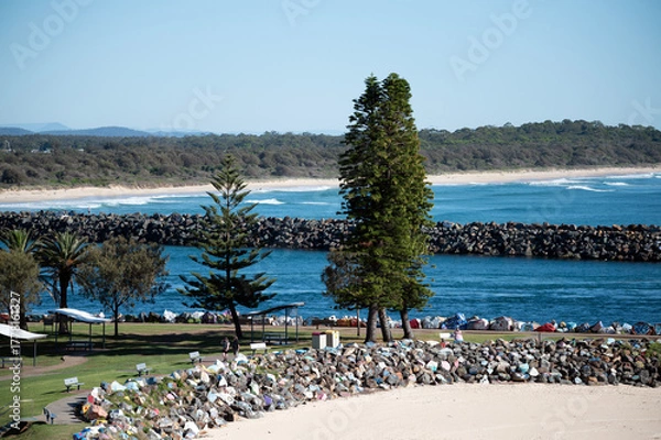 Fototapeta Aerial landscape view of The colourful breakwall at Port Macquarie NSW Australia.