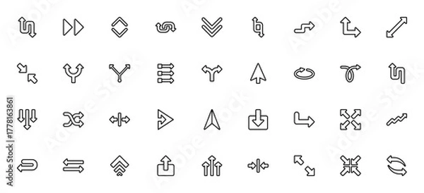 Obraz Arrow icon set. Vector line icons pack. Featuring oposite, forward, up down, trn, double arrow, cursor, otate, shuffle, download, ransfer, maximize, minimiz, share and more.