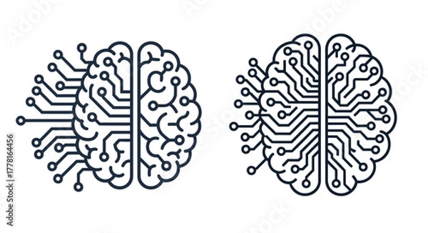 Obraz Digital Brain and Artificial Intelligence Icon Set. Human Brain and Electronic Circuitry Merging, Representing Machine Learning Technology Vector Outline Illustration.