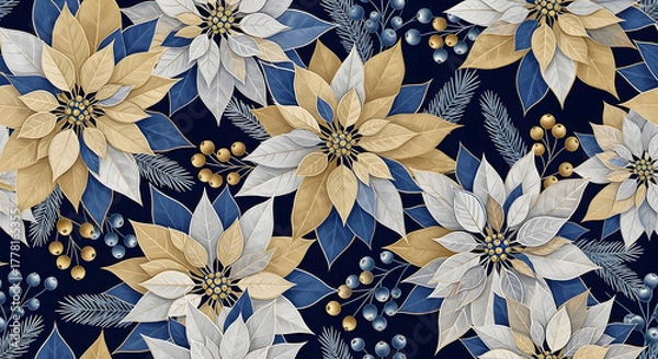 Fototapeta Seamless christmas pattern with poinsettia flowers, berries and fir branches on dark blue