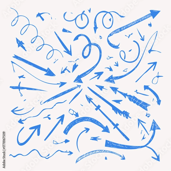 Obraz Blue pen arrow collection on checkered paper sheet. Hand drawn crayon various arrows, curved, wavy and straight lines. Direction pointers for notes, doodle and school design. Playful emphasis elements
