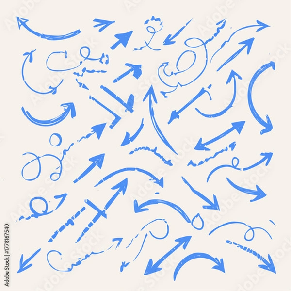 Obraz Blue pen arrow collection on checkered paper sheet. Hand drawn crayon various arrows, curved, wavy and straight lines. Direction pointers for notes, doodle and school design. Playful emphasis elements