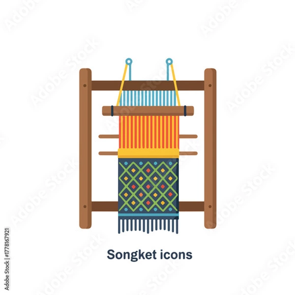 Fototapeta Traditional indonesian songket weaving loom showcasing vibrant fabric, ideal for designs featuring cultural heritage, textiles, craftsmanship, indonesia tourism themes.