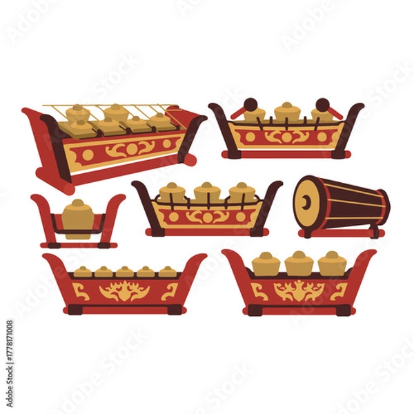 Fototapeta Traditional indonesian gamelan instruments, suitable for musicrelated designs or cultural presentations. Display diversity and musical heritage.