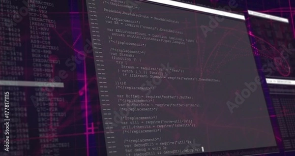 Obraz Showing code editor running JavaScript code on workstation with terminal and neon pink network grid