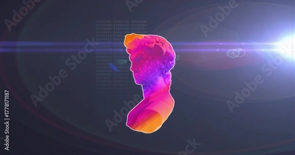 Obraz Hovering neon classical bust glowing in digital backdrop, featuring binary columns and lens flare