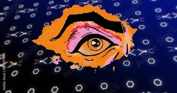 Obraz Floating large stylized eye over deep blue network field, linking lines and glowing hexagonal nodes