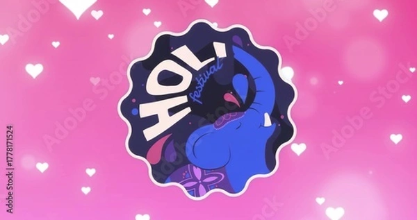 Fototapeta Displaying emblem with blue elephant raising trunk on pink gradient with HOLI festival text, hearts